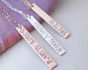 Vertical Bar Necklace Personalized. High Quality Hand Stamped Custom Name Bar Necklace. Vertical Bar Minimalist Jewelry