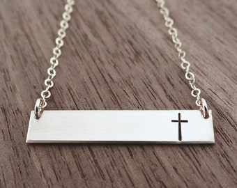 Simple Cross Bar Necklace. Inspirational Personalizable Bar Necklace with Christian Cross.  Minimalist Jewelry in Gold, Rose, or Silver.