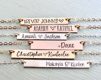 Personalized Bar Necklace, in Gold, Rose Gold, Silver. Bridesmaid Gift, Mothers Necklace, Hand Stamped Custom Bar Necklace.