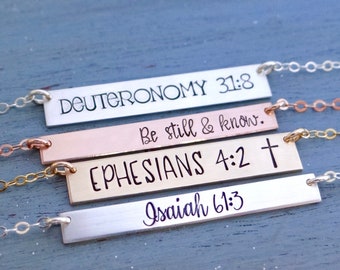 Personalized Inspirational Bar Necklace. Scripture Bible Verse Hand Stamped Custom Bar Necklace. Christian Jewelry in Gold, Rose, Silver