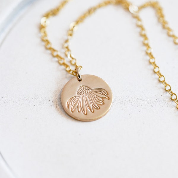 Echinacea Hand Stamped Dainty Disc Necklace. Flower Jewelry, Birthday Gift For Her. Minimalist Charm Necklace with Adjustable Chain.