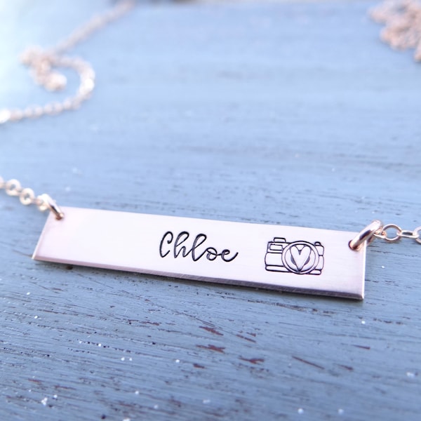 Personalized Camera Bar Necklace.  Gift For Photographer, Photography.  Custom Name Necklace. Gold Rose Gold or Silver Bar Necklace.