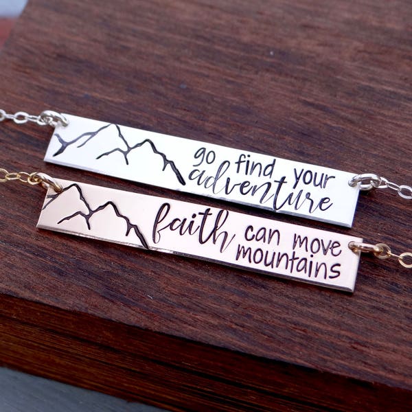 Personalized Mountain Range Bar Necklace. Inspirational. Hand Stamped Custom Name Bar Necklace. Hand Lettering Font. Script.