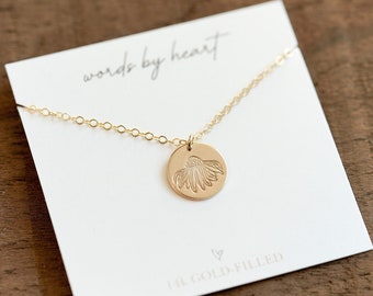 Echinacea Flower Hand Stamped Dainty Disc Necklace. Floral Jewelry, Gift for Gardener. Minimalist Charm Necklace with Adjustable Chain.