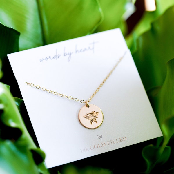 Honeybee Necklace, Bee Jewelry. Minimalist Stamped Jewelry with Adjustable Chain. Dainty Silver, Gold, or Rose Disc Necklace.