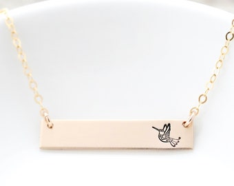 Personalized Hummingbird Bar Necklace. Add Name, Word, Date. Gold Bar, Silver Bar, or Rose Gold Bar Necklace with Custom Words. Bird Jewelry