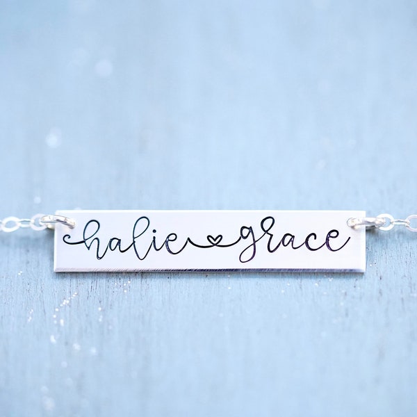 Personalized Mother's Day Bar Necklace, Custom Stamped Name Necklace with Heart.  Cursive Calligraphy Handwritten Kids Names Gift for Mom.