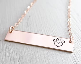 Personalized Heart Paw Print Bar Necklace. Add Custom Name. Pet Loss Memorial Gift. Stamped Jewelry for Animal Lover. Paw Print Jewelry.