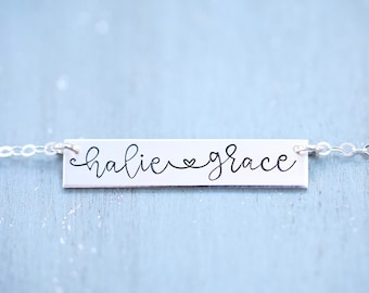 Personalized Mother's Day Bar Necklace, Custom Stamped Name Necklace with Heart.  Cursive Calligraphy Handwritten Kids Names Gift for Mom.