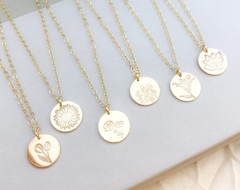 Dainty Silver, Gold, or Rose Disc Necklace. Birth Flower Necklace, Birthday Gift For Her. Minimalist Stamped Jewelry with Adjustable Chain.