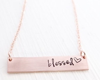 Hand Stamped Bar Necklace. Small Rose Gold Bar with Blessed. Minimalist, Engraved Necklace.  Layering Bar, Inspirational Jewelry