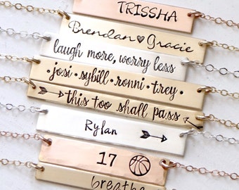 Personalized Bar Necklace. Inspirational. Hand Stamped Custom Name Bar Necklace. Mother's Gold Bar Necklace. Hand Lettering Font. Script.