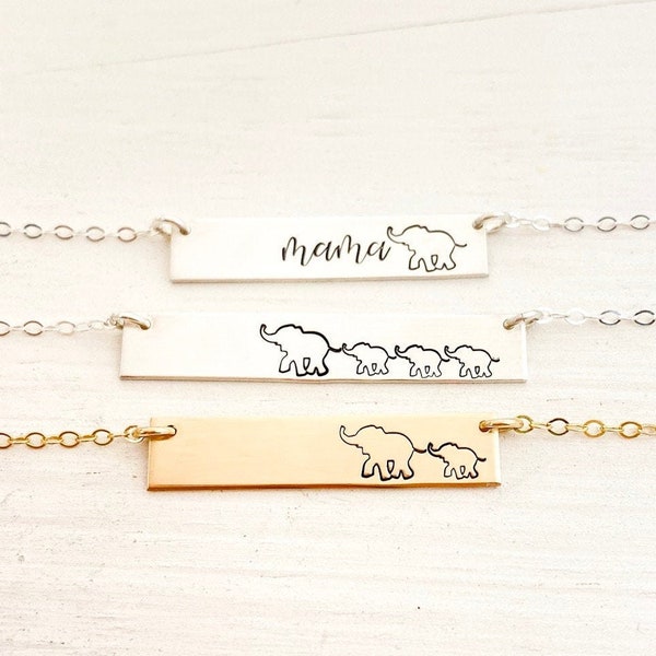 Elephant Bar Necklace. Mama Elephant, Elephant Family, Personalized Minimalist Necklace in Gold, Silver, Rose Gold. Mother Daughter Matching