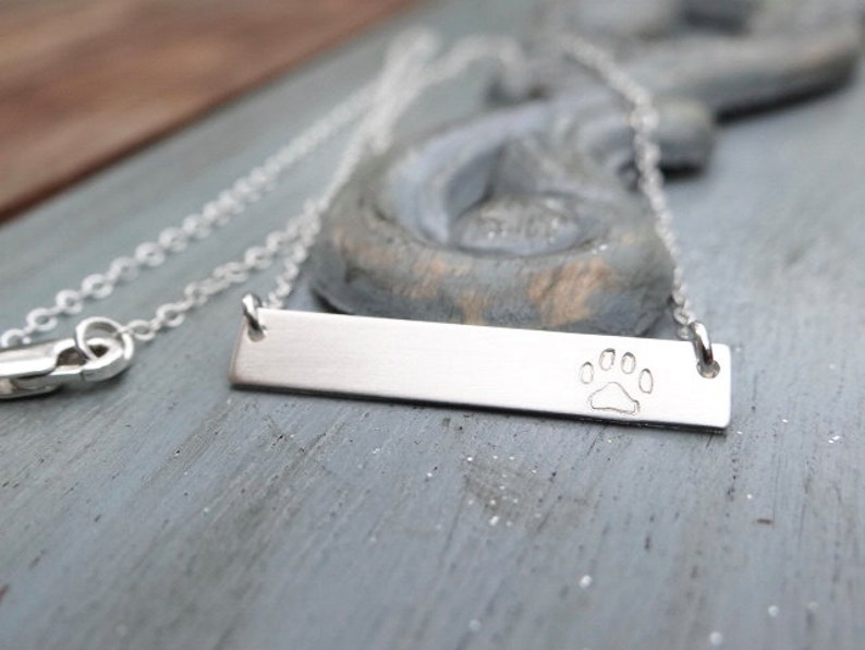 Sterling Silver Paw Print Bar Necklace. Hand Stamped Jewelry. Pet Loss Memorial Gift. Layering Bar Necklace, Dog Jewelry, Pet Lover image 2