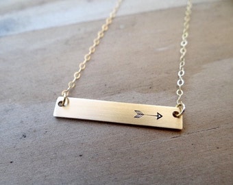 Gold Bar Necklace with Arrow. Hand Stamped Jewelry.  Minimalist, 14k Gold.  Layering Bar Necklace, Arrow Jewelry, Follow your Arrow