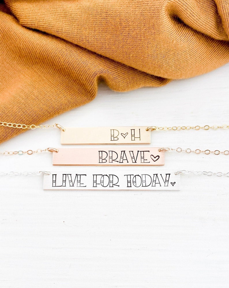Or Sterling Silver Personalized Bar Necklace Gold Chevron Font Initial Bar Necklace Custom Inspirational or Name Necklace Rose Gold