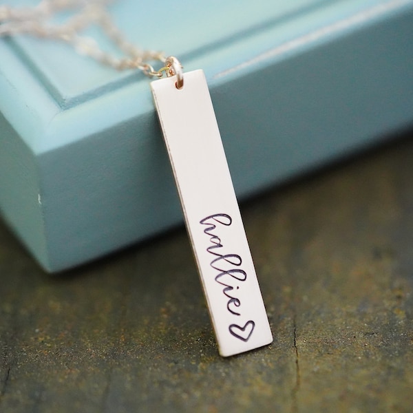 Personalized Name Necklace - Stamped Vertical Bar Necklace with Name Plate. Calligraphy Font with Heart. Charm Necklace with Bars, For Her.