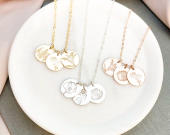 Dainty Gold, Silver, or Rose Birth Flower Necklace. Birthday Gift for Her. Disc Necklace with Flowers. Birthflower Unique Gift - Floral.