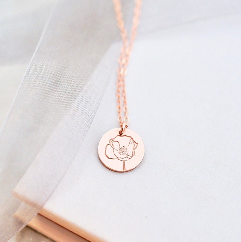 August Birth Flower, Poppy Necklace. Dainty Gold, Silver, or Rose BirthFlower Necklace. August Birthday Gift for Her. Floral Jewelry image 1