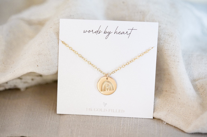 Rainbow Baby Stamped Coin Necklace. Dainty 14k Gold Filled, Rose Gold-Filled, or Sterling Silver Minimalist Necklace. Add Personalized Disc. image 3