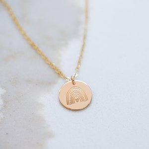 Rainbow Baby Stamped Coin Necklace. Dainty 14k Gold Filled, Rose Gold-Filled, or Sterling Silver Minimalist Necklace. Add Personalized Disc. image 2