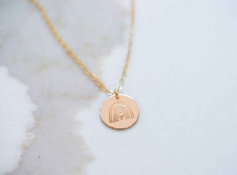 Rainbow Baby Stamped Coin Necklace. Dainty 14k Gold Filled, Rose Gold-Filled, or Sterling Silver Minimalist Necklace. Add Personalized Disc. image 2