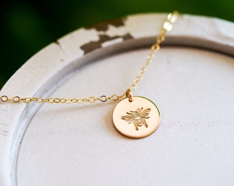 Dainty Silver, Gold, or Rose Disc Necklace. Honeybee, Bee Jewelry. Minimalist Stamped Jewelry with Adjustable Chain.
