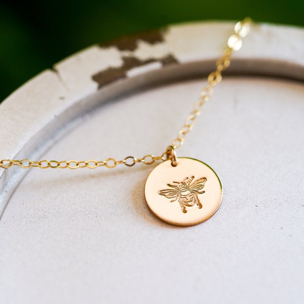 Dainty Silver, Gold, or Rose Disc Necklace. Honeybee, Bee Jewelry. Minimalist Stamped Jewelry with Adjustable Chain.