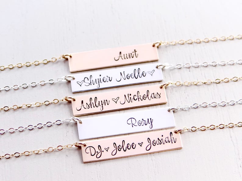 Personalized Bar Necklace. Hand Stamped Custom Name Bar Necklace, Calligraphy Font. Mother's Gold Bar Necklace. Hand Lettering Font. Script. image 1