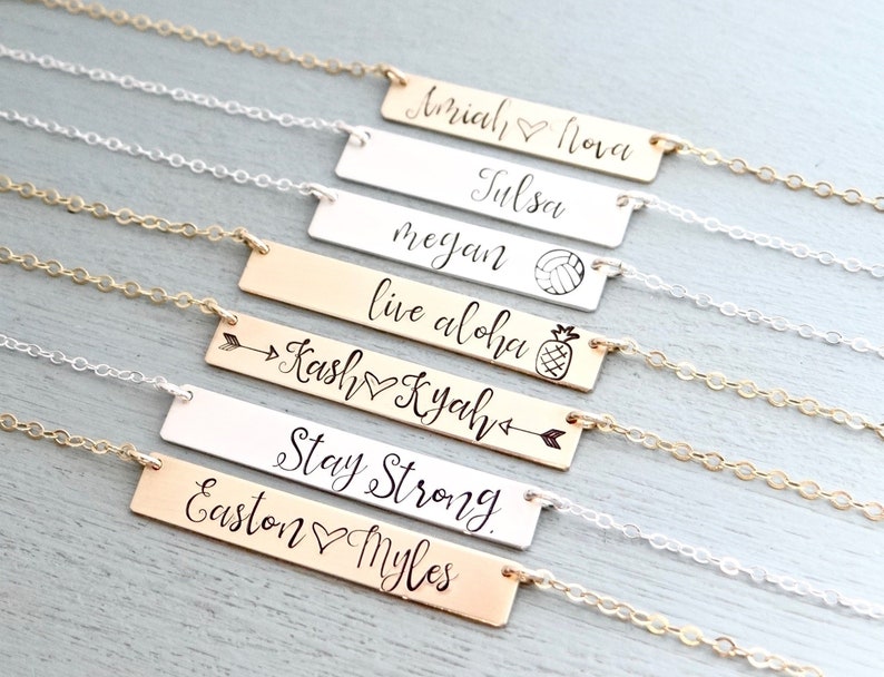 Personalized Bar Necklace. Gifts for Her Stamped Custom Name Bar Necklace. Mother's Bar Necklace. Hand Lettering. Gift For Mom Her image 1