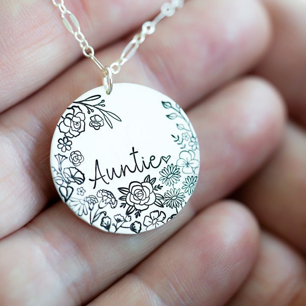 Auntie Necklace. Sterling Silver, 14k Gold Filled, Rose Gold Filled Stamped Floral Pendant Necklace.  Pregnancy Announcement Gift for Aunt.