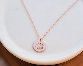 Lotus Flower Necklace. Dainty Gold, Silver, or Rose Disc Necklace. Hand Stamped Minimalist Jewelry.  Water Lily Simple Necklace.