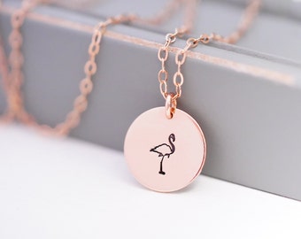 Flamingo Disc Necklace - Dainty Silver, Gold, or Rose Round Necklace. Tropical Necklace. Minimalist Stamped Jewelry.