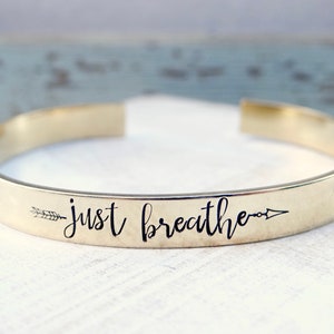 Just Breathe Arrow Gold Cuff Bracelet. Personalized, Inspirational Motivational Encouraging Gift. Rose Gold, Gold, Brass, or Silver image 2