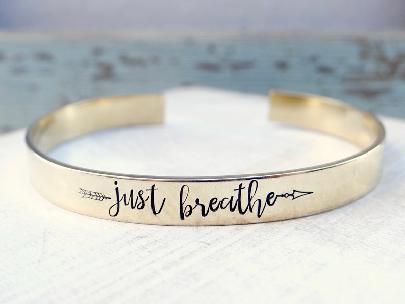 Just Breathe Arrow Gold Cuff Bracelet. Personalized, Inspirational Motivational Encouraging Gift. Rose Gold, Gold, Brass, or Silver image 2