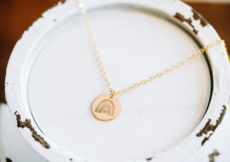 Rainbow Baby Stamped Coin Necklace. Dainty 14k Gold Filled, Rose Gold-Filled, or Sterling Silver Minimalist Necklace. Add Personalized Disc. image 1