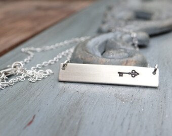 Personalized Skeleton Key Bar Necklace.  House Warming Gift. Add Custom Name or Phrase. Your Choice of Gold, Rose, Silver