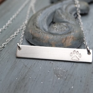 Sterling Silver Paw Print Bar Necklace. Hand Stamped Jewelry. Pet Loss Memorial Gift. Layering Bar Necklace, Dog Jewelry, Pet Lover image 1