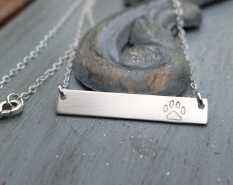 Sterling Silver Paw Print Bar Necklace. Hand Stamped Jewelry. Pet Loss Memorial Gift.  Layering Bar Necklace, Dog Jewelry, Pet Lover