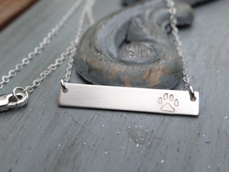 Sterling Silver Paw Print Bar Necklace. Hand Stamped Jewelry. Pet Loss Memorial Gift. Layering Bar Necklace, Dog Jewelry, Pet Lover image 1