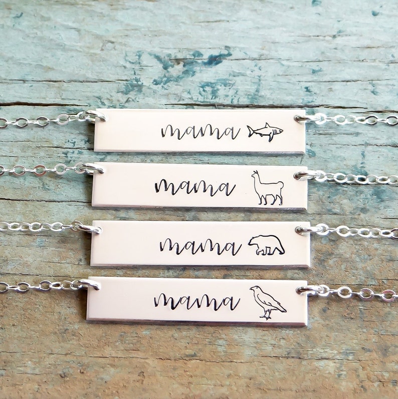 Mama Personalized Bar Necklace. Mama Shark, Mama Llama, Mama Bear, Mama Bird. Available in Rose Gold, 14k Gold Fill, Sterling Silver. image 1