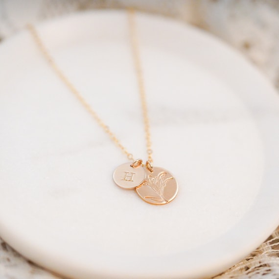 Personalized Birth Flower Necklace with Initials Dainty Minimalist Stamped Jewelry with Birth Months. Floral Jewelry Birthday Gift