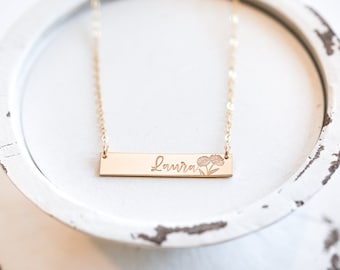Birth Flower Bar Necklace, Personalized with your Name and Flower of choice. Birthday Gift for Her, Floral Jewelry.