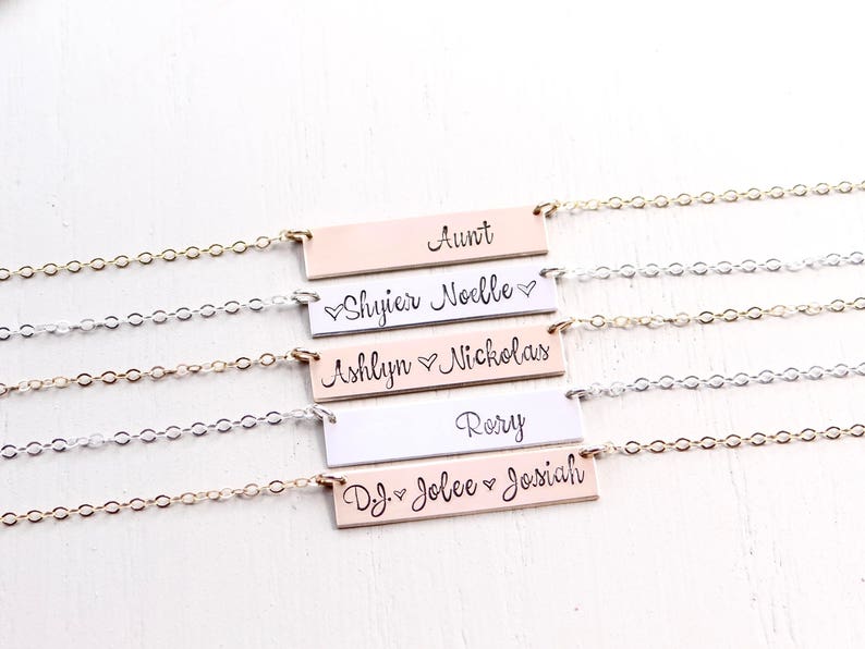 Personalized Bar Necklace. Hand Stamped Custom Name Bar Necklace, Calligraphy Font. Mother's Gold Bar Necklace. Hand Lettering Font. Script. image 2