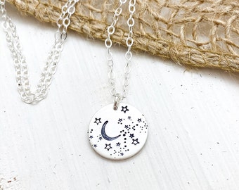 Celestial Moon and Stars Disc Necklace - Night Sky Dainty Minimalist Jewelry. Sterling Silver, 14k Gold-Filled or Rose Gold Filled.