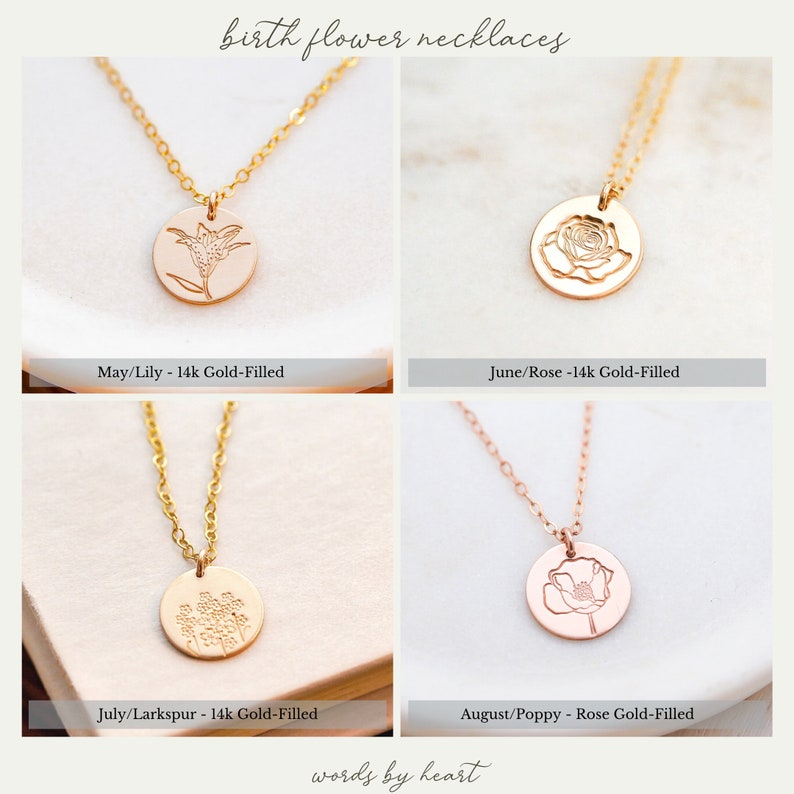 Personalized Birth Flower Necklace with Initials Dainty Minimalist Stamped Jewelry with Birth Months. Floral Jewelry Birthday Gift