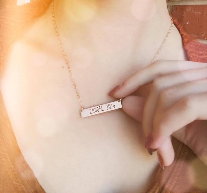 Personalized Bar Necklace. Hand Stamped Custom Name Bar Necklace, Calligraphy Font. Mother's Gold Bar Necklace. Hand Lettering Font. Script. image 8