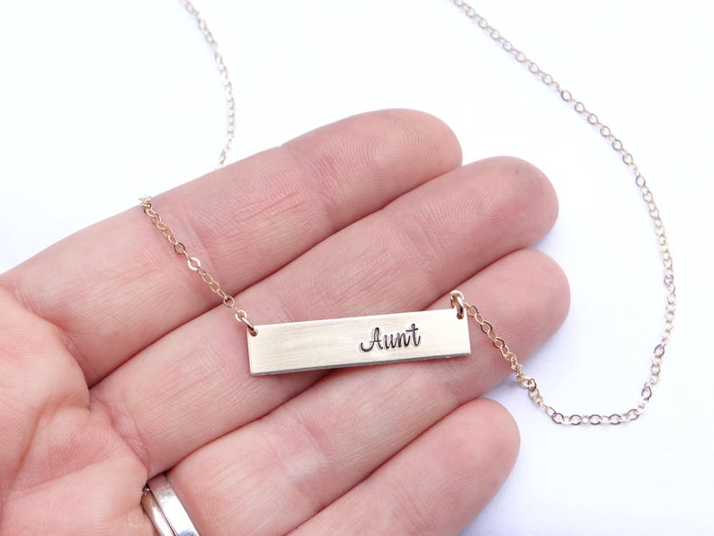 Personalized Bar Necklace. Hand Stamped Custom Name Bar Necklace, Calligraphy Font. Mother's Gold Bar Necklace. Hand Lettering Font. Script. image 4