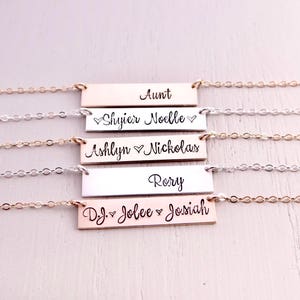 Personalized Bar Necklace. Hand Stamped Custom Name Bar Necklace, Calligraphy Font. Mother's Gold Bar Necklace. Hand Lettering Font. Script. image 3