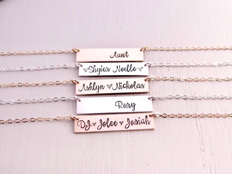 Personalized Bar Necklace. Hand Stamped Custom Name Bar Necklace, Calligraphy Font. Mother's Gold Bar Necklace. Hand Lettering Font. Script. image 3